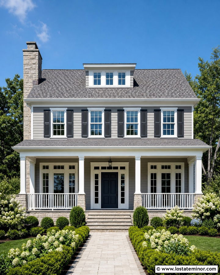 Light Grey House With Stone and White Trim - 30 Light Grey House Design With Stone Accents Ideas