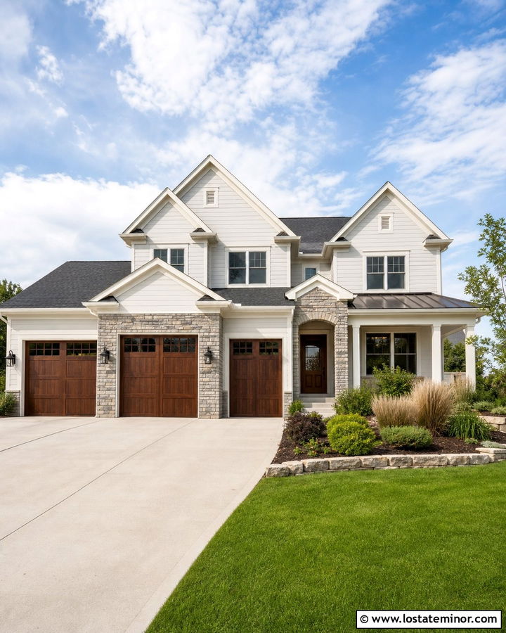Light Grey House With Stone and Wood Garage Doors - 30 Light Grey House Design With Stone Accents Ideas