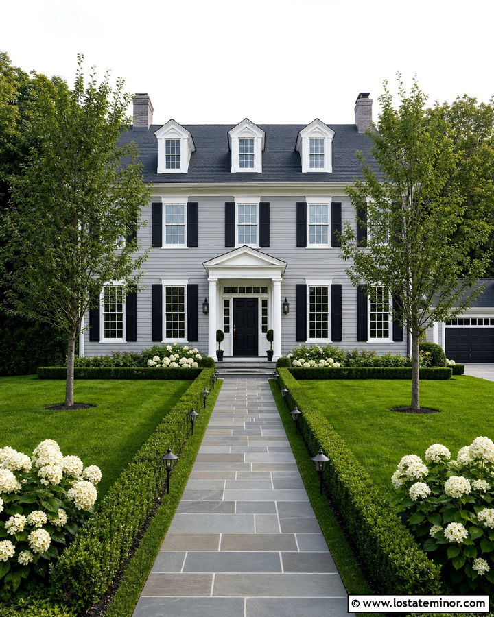 Light Grey House With Symmetrical Walkway - 30 Light Grey House Design With Walkway Ideas