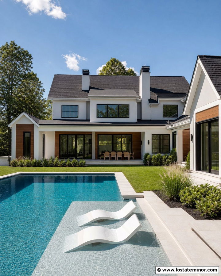 Light Grey House With Tanning Ledge Pool - 30 Light Grey House Design With Swimming Pool Ideas