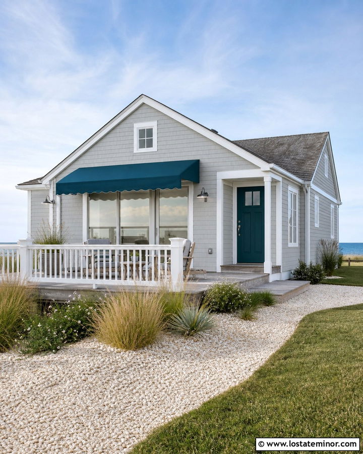 Light Grey House With Teal Canvas Awning - 30 Light Grey House Design With Awning Ideas
