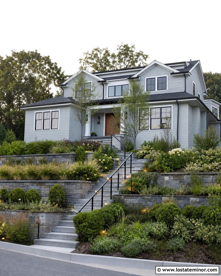 Light Grey House With Terraced Front Yard - 30 Light Grey House Design With Front Yard Ideas