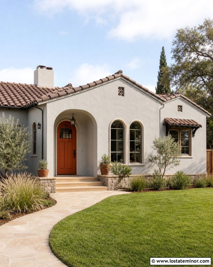 Light Grey House With Terracotta Front Door - 30 Light Grey House Design With Entry Door Ideas