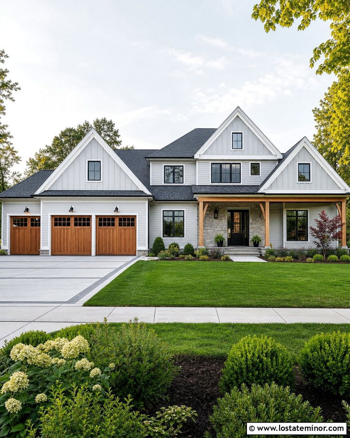 Light Grey House With Three Car Garage Gables - 30 Light Grey House Design With Gables Ideas
