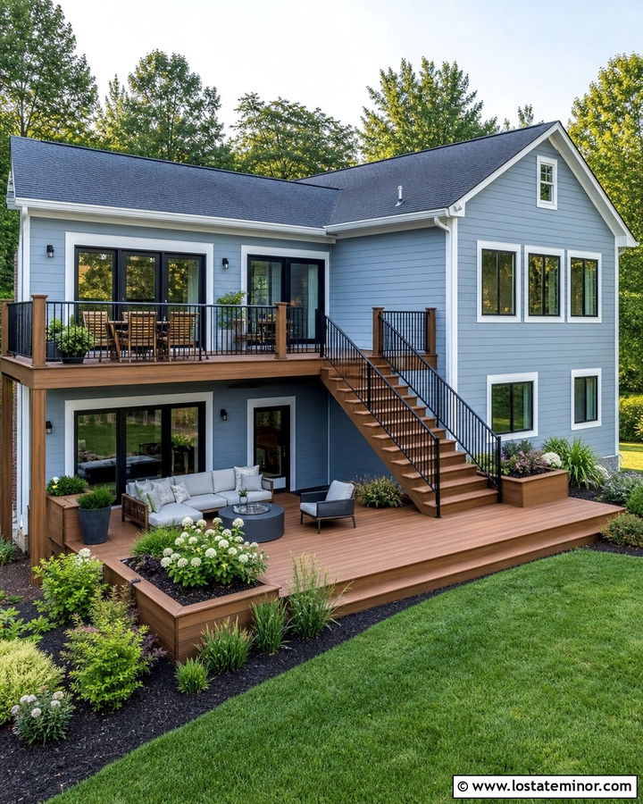 Light Grey House With Tiered Deck - 30 Light Grey House Design With Backyard Ideas