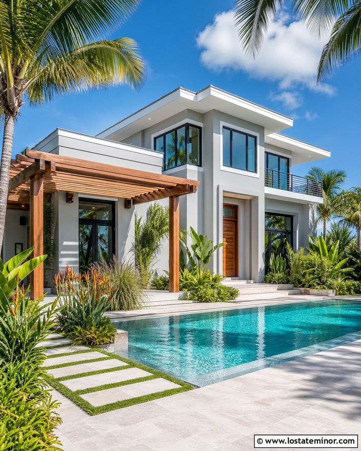 Light Grey House With Tropical Pool Landscaping - 30 Light Grey House Design With Swimming Pool Ideas