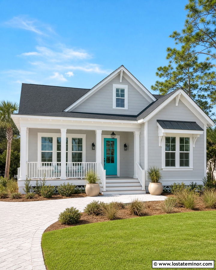 Light Grey House With Turquoise Front Door - 30 Light Grey House Design With Entry Door Ideas