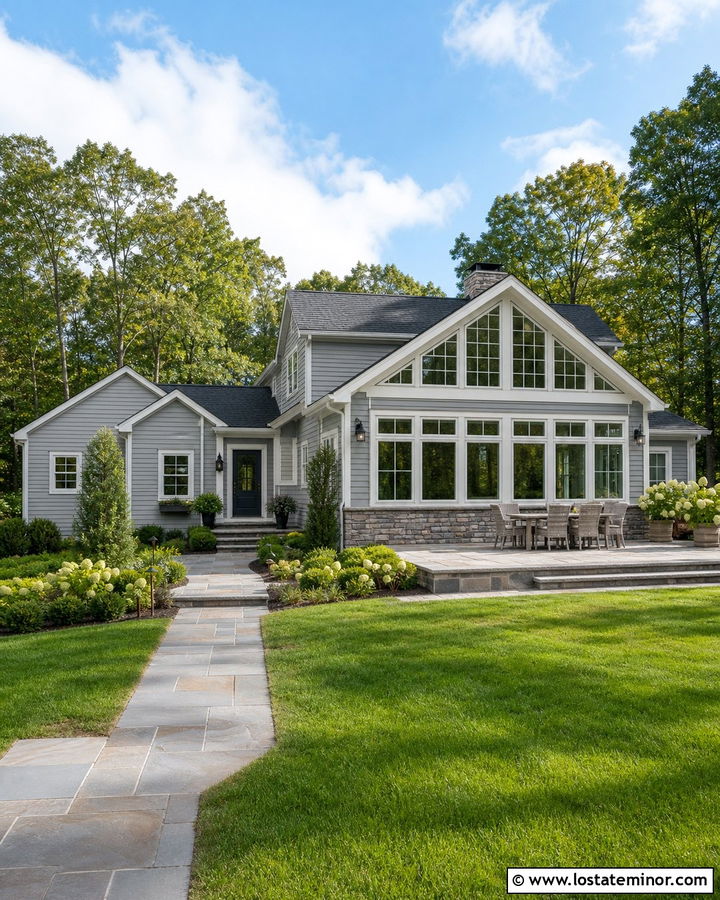 Light Grey House With Vaulted Gable Sunroom - 30 Light Grey House Design With Sunroom Ideas