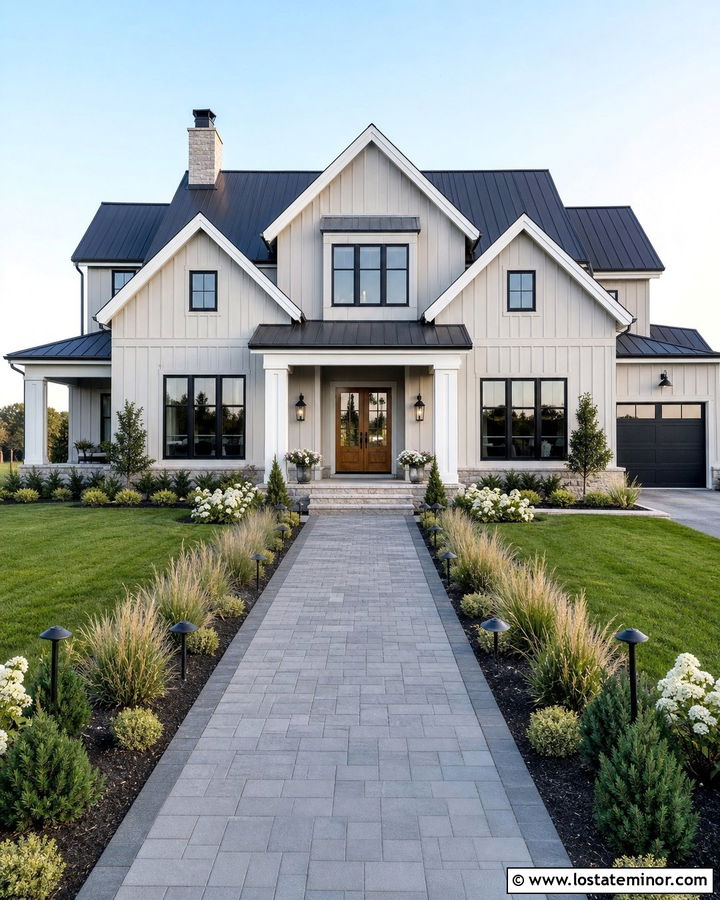 Light Grey House With Walkway Lighting - 30 Light Grey House Design With Walkway Ideas
