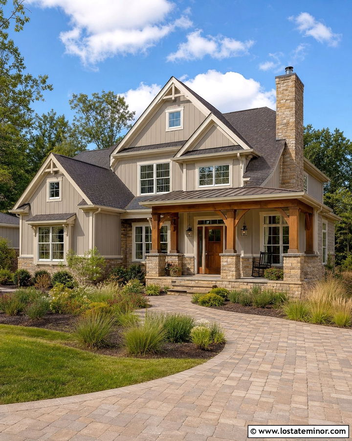 Light Grey House With Warm Sandstone - 30 Light Grey House Design With Stone Accents Ideas