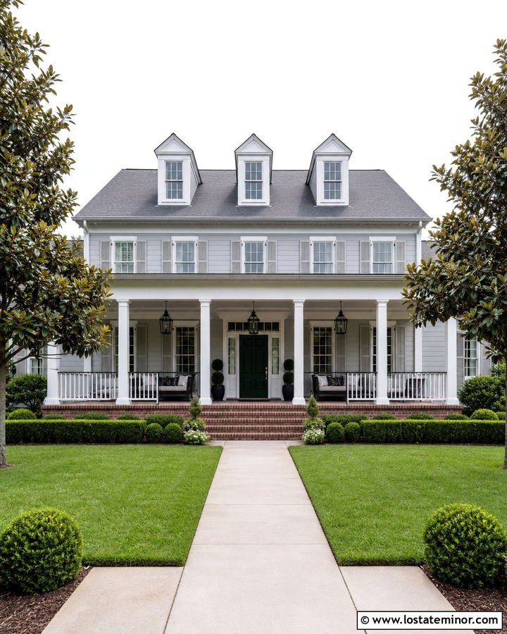 Light Grey House With White Coffered Porch Ceiling - 30 Light Grey House Design With Porch Ceiling Ideas