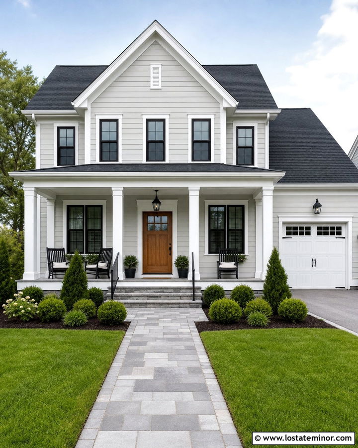 Light Grey House With White Columns And Charcoal Roof - 30 Light Grey House Design With Porch Columns Ideas
