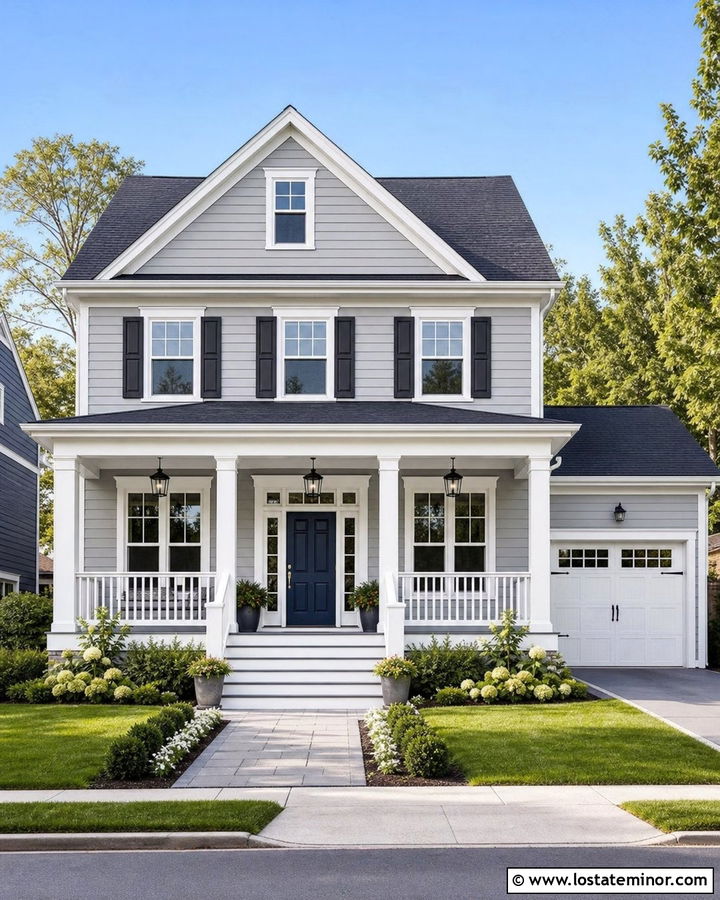 Light Grey House With White Columns And Porch Railing - 30 Light Grey House Design With Porch Columns Ideas