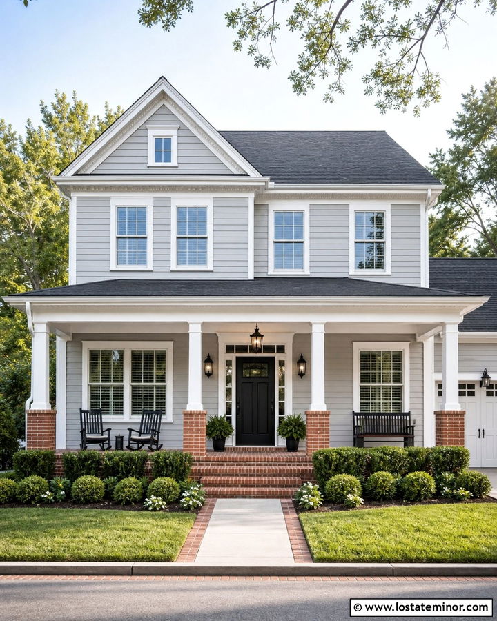 Light Grey House With White Columns And Red Brick Porch - 30 Light Grey House Design With Porch Columns Ideas