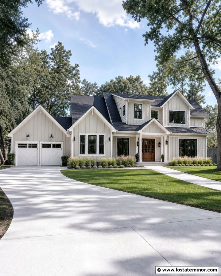 Light Grey House With White Concrete Driveway - 30 Light Grey House Design With Driveway Ideas