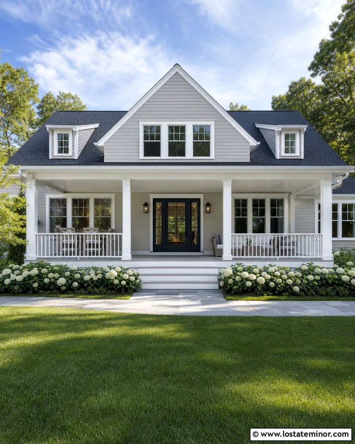 Light Grey House With White Covered Porch - 30 Light Grey House Design With Backyard Ideas