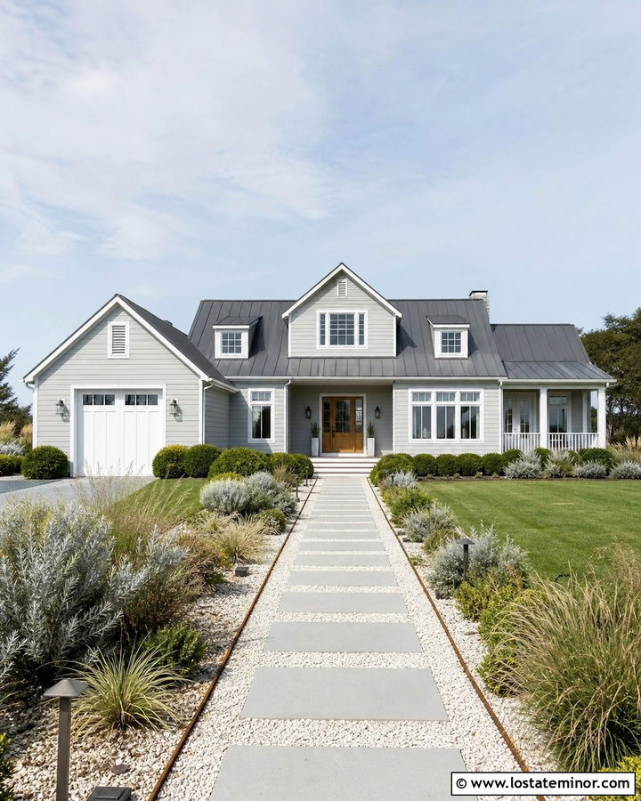 Light Grey House With White Gravel Walkway - 30 Light Grey House Design With Walkway Ideas