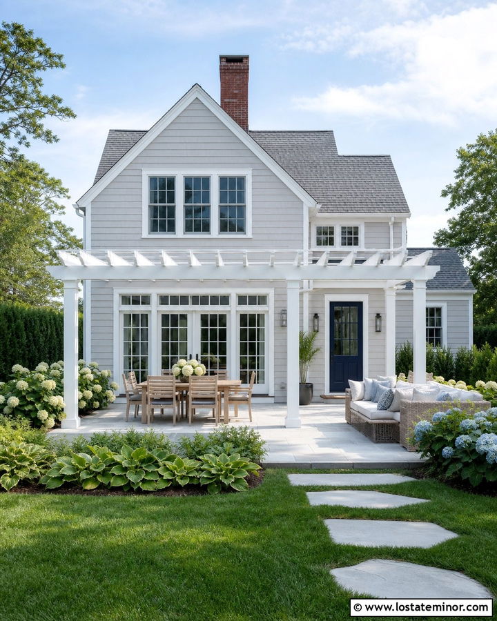 Light Grey House With White Pergola - 30 Light Grey House Design With Backyard Ideas