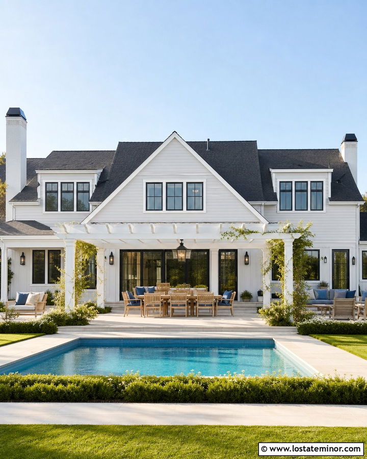 Light Grey House With White Pool Pergola - 30 Light Grey House Design With Swimming Pool Ideas