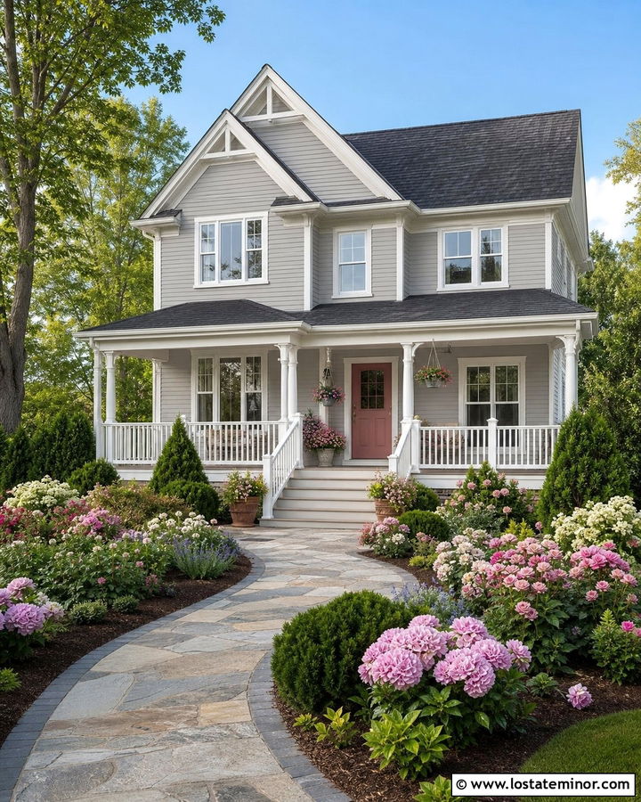 Light Grey House With White Porch And Pink Flowers - 30 Light Grey House Design With Front Yard Ideas