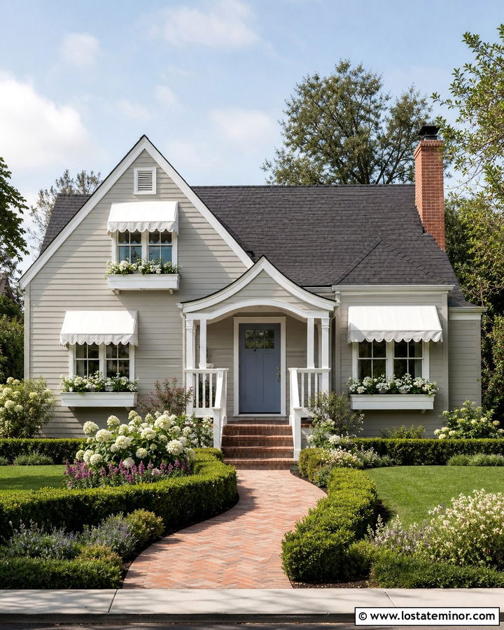 Light Grey House With White Scalloped Awnings - 30 Light Grey House Design With Awning Ideas