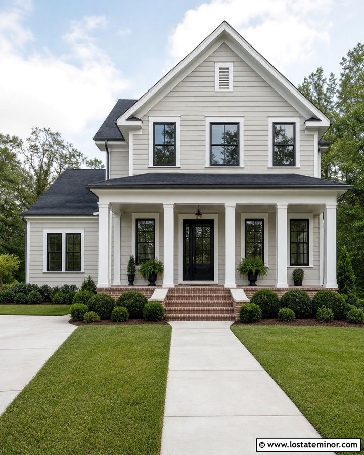 Light Grey House With White Square Porch Columns - 30 Light Grey House Design With Porch Columns Ideas