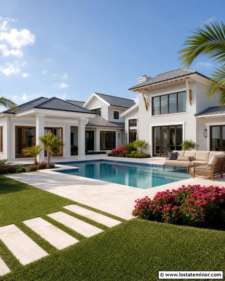 Light Grey House With White Stone Pool Deck - 30 Light Grey House Design With Swimming Pool Ideas