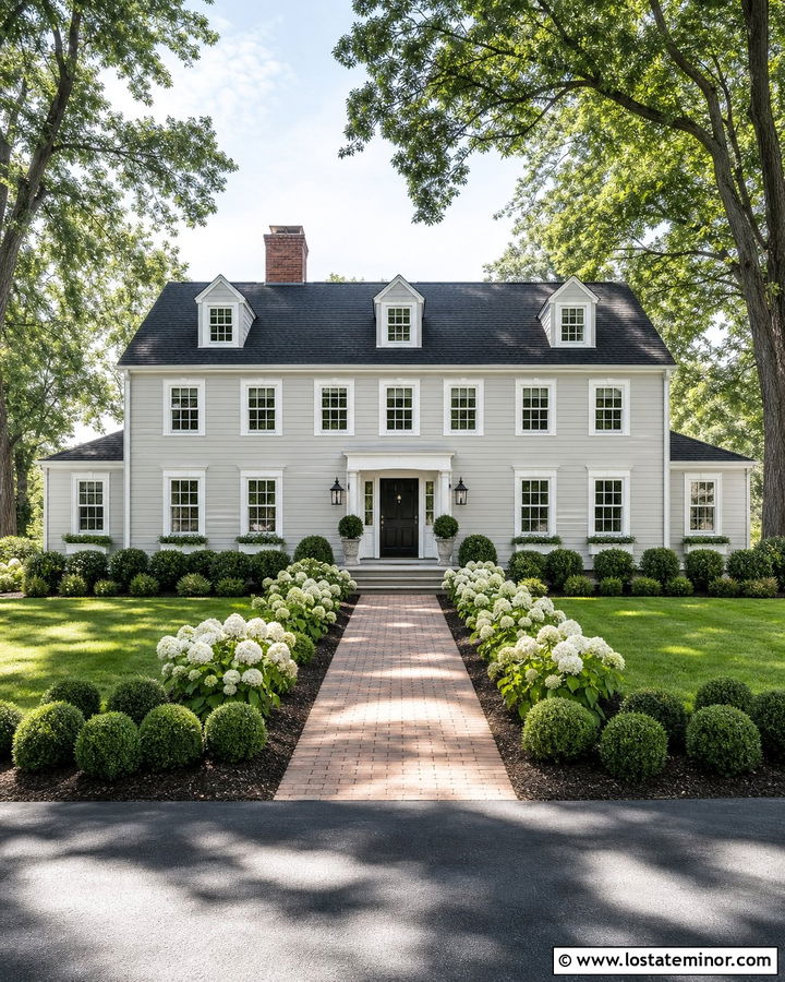 Light Grey House With White Trim And Boxwood Landscaping - 30 Light Grey House Design With Landscaping Ideas