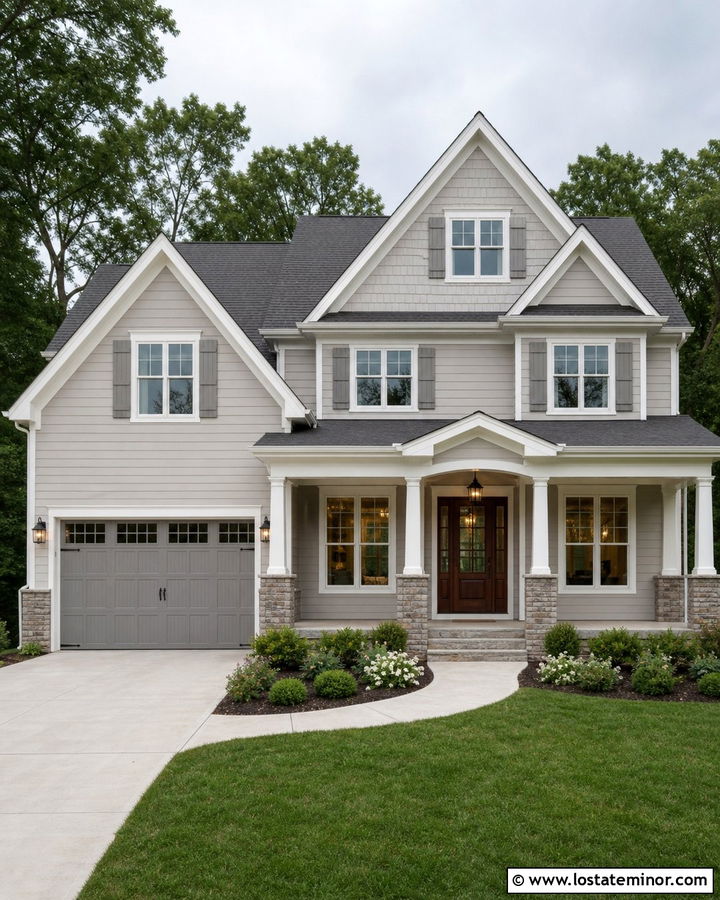 Light Grey House With White Trim And Grey Garage Door - 30 Light Grey House Design With Garage Door Ideas