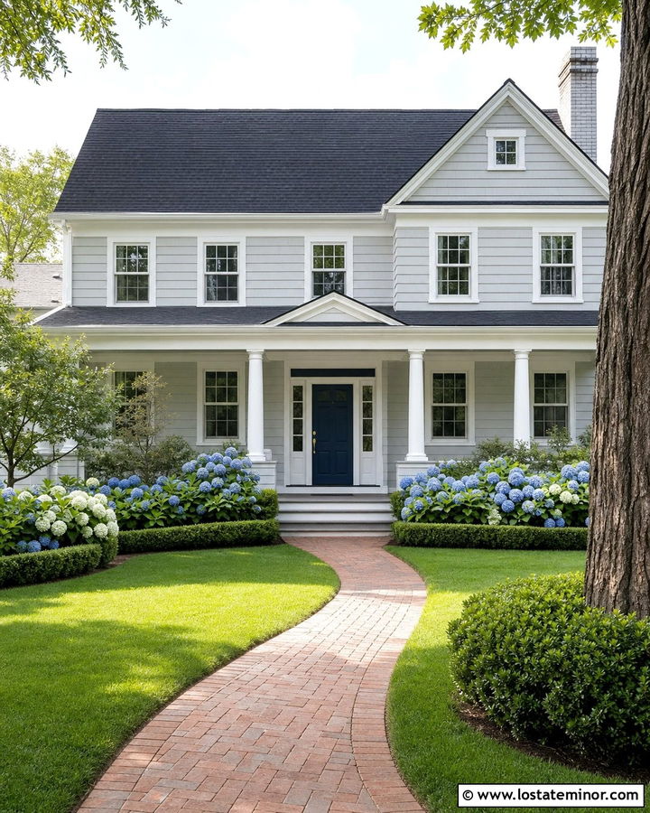 Light Grey House With White Trim And Hydrangeas - 30 Light Grey House Design With Front Yard Ideas