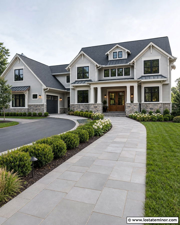 Light Grey House With Wide Front Walkway - 30 Light Grey House Design With Walkway Ideas