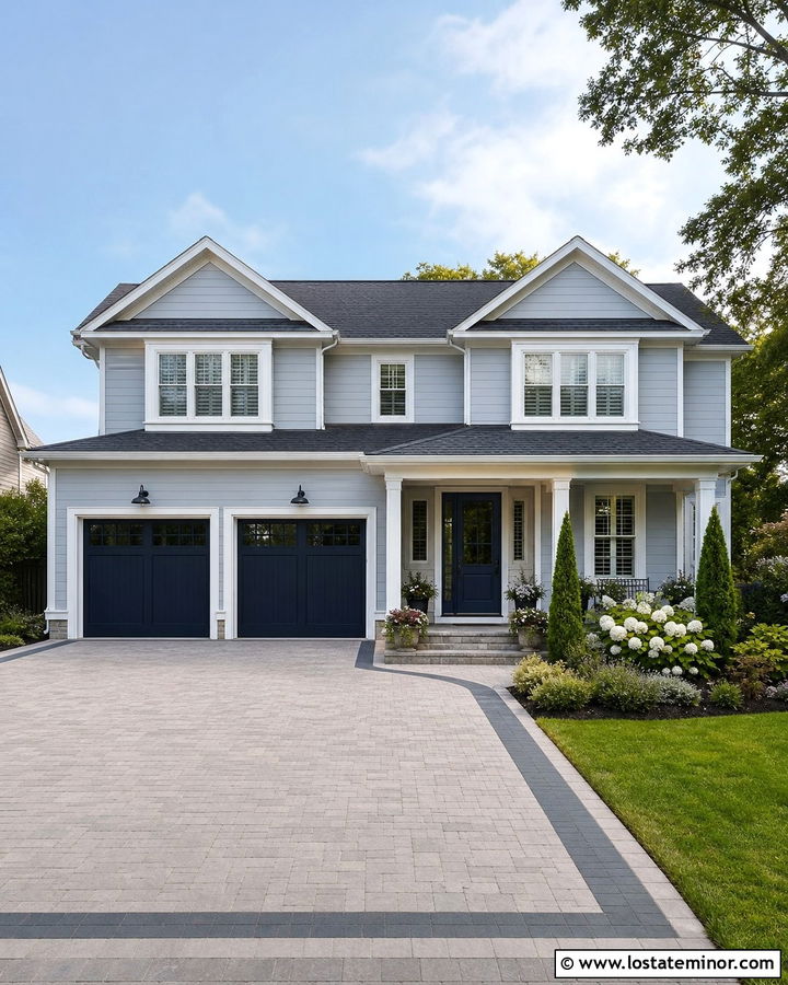 Light Grey House With Wide Garage Apron - 30 Light Grey House Design With Driveway Ideas