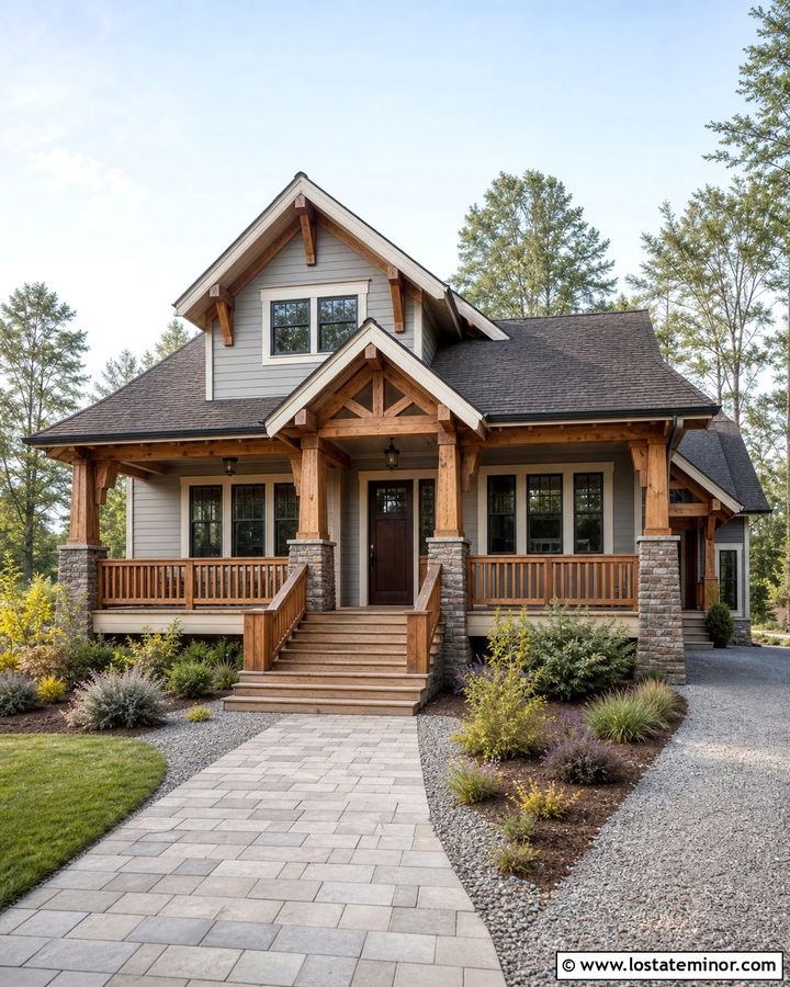 Light Grey House With Wide Wood Porch Railings - 30 Light Grey House Design With Railings Ideas