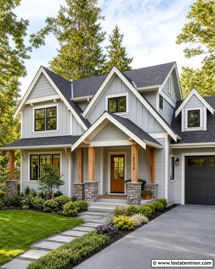 Light Grey House With Wood Address Plaque - 30 Light Grey House Design With House Numbers Ideas