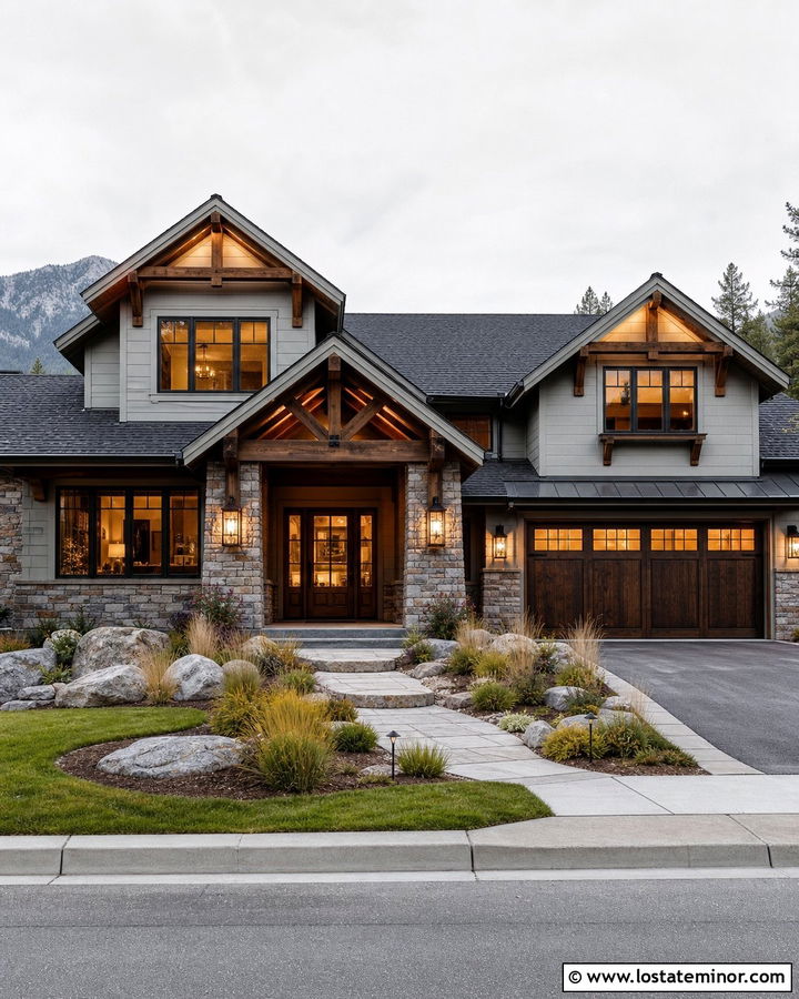 Light Grey House With Wood Beam Lighting - 30 Light Grey House Design With Lighting Ideas