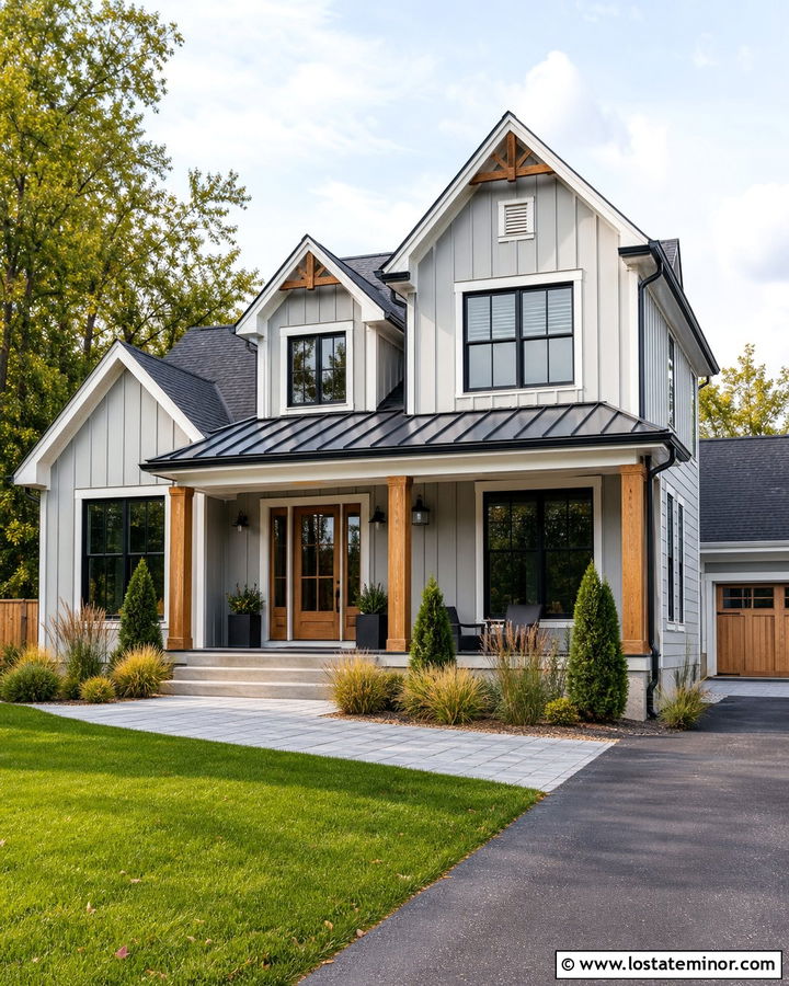 Light Grey House With Wood Columns And Metal Porch Roof - 30 Light Grey House Design With Porch Columns Ideas