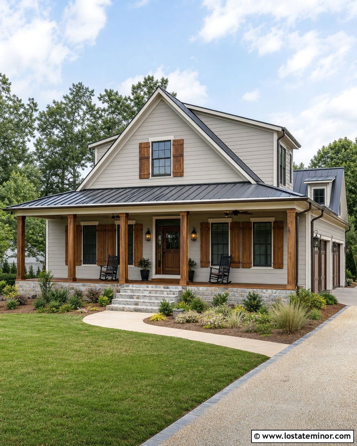 Light Grey House With Wood Columns And Wood Shutters - 30 Light Grey House Design With Porch Columns Ideas