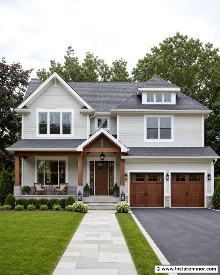 Light Grey House With Wood Door And Pewter Shingles - 30 Light Grey House Design With Shingles Ideas