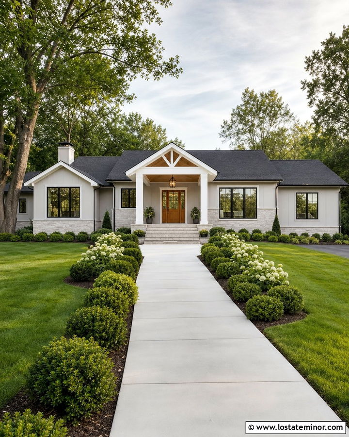 Light Grey House With Wood Door Portico - 30 Light Grey House Design With Portico Ideas