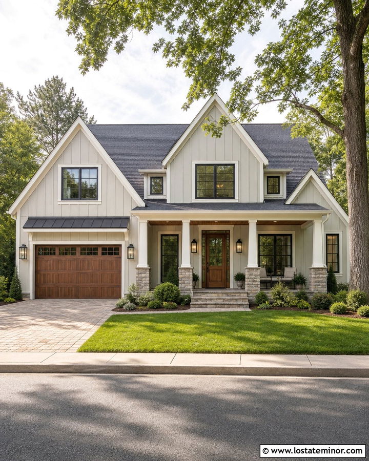 Light Grey House With Wood Look Garage Door - 30 Light Grey House Design With Garage Door Ideas