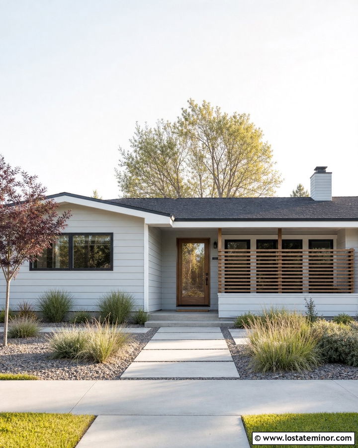 Light Grey House With Wood Look Storm Door - 30 Light Grey House Design With Storm Door Ideas