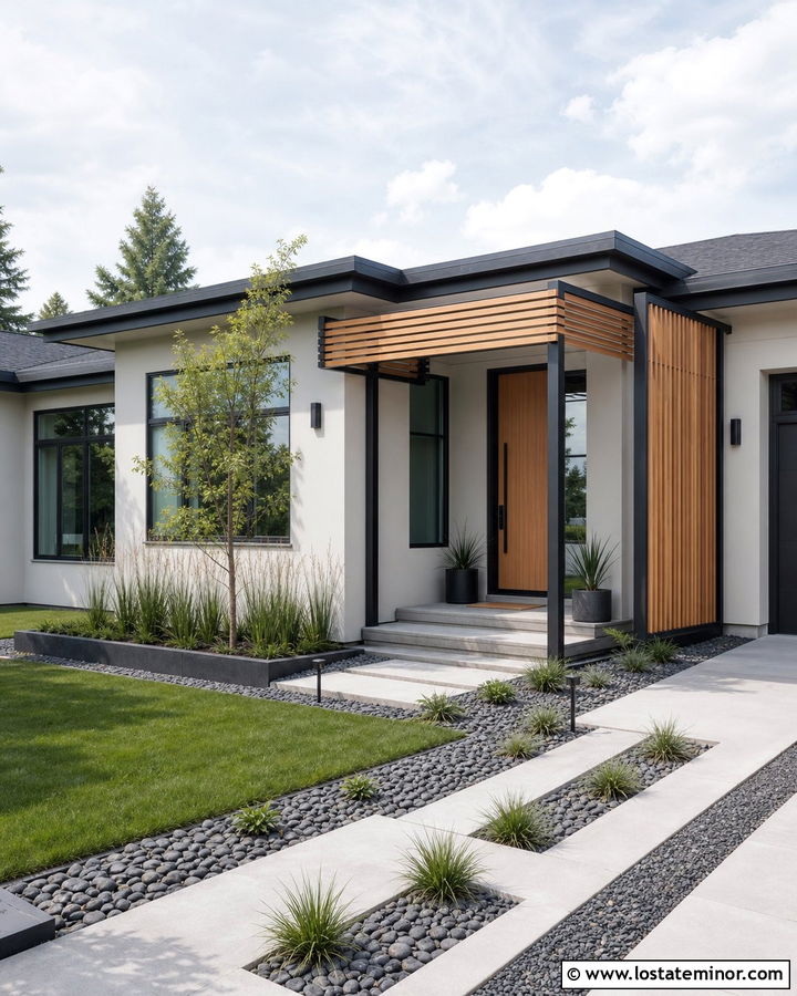 Light Grey House With Wood Slat Awning - 30 Light Grey House Design With Awning Ideas