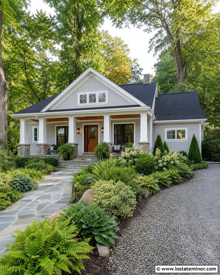 Light Grey House With Wooded Shade Landscaping - 30 Light Grey House Design With Landscaping Ideas
