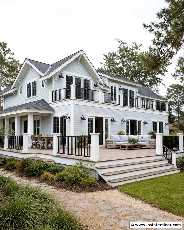 Light Grey House With Wraparound Deck - 30 Light Grey House Design With Backyard Ideas