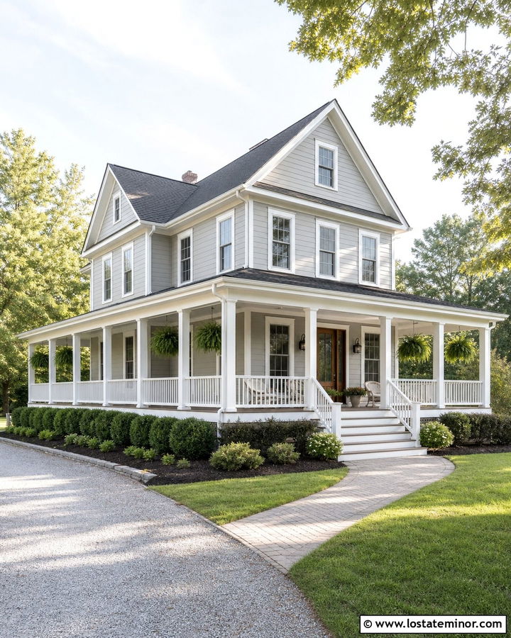 Light Grey House With Wraparound Porch Columns - 30 Light Grey House Design With Porch Columns Ideas