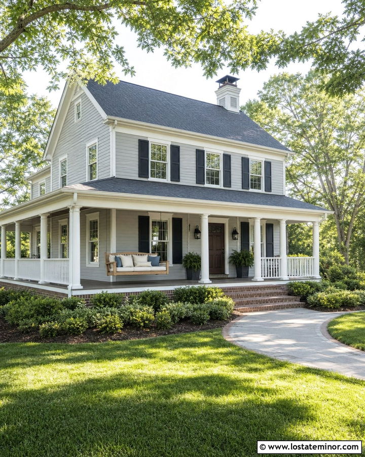 Light Grey House With Wraparound Porch Swing - 30 Light Grey House Design With Swing Ideas