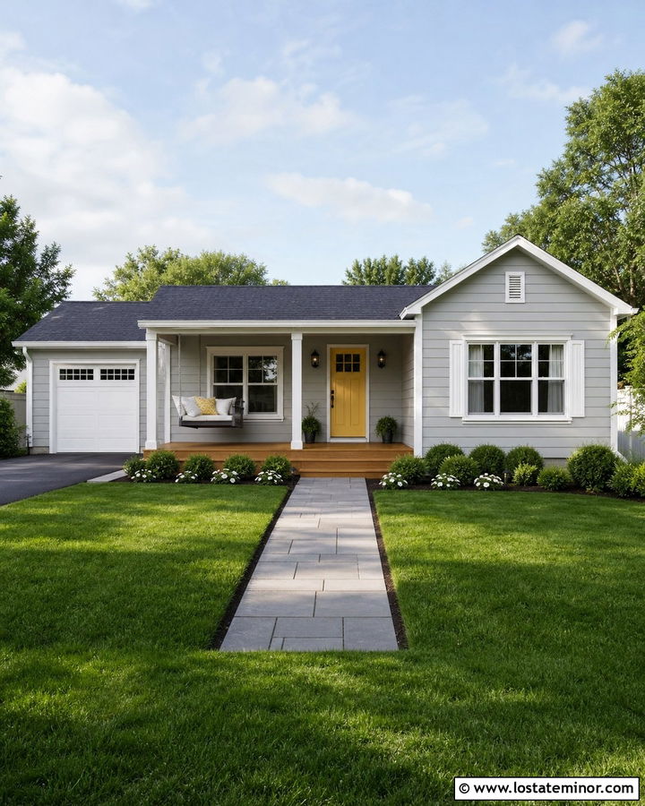 Light Grey House With Yellow Door And Grey Swing - 30 Light Grey House Design With Swing Ideas