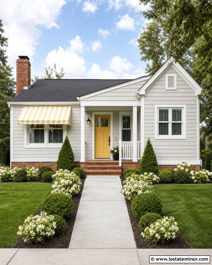 Light Grey House With Yellow Striped Awning - 30 Light Grey House Design With Awning Ideas
