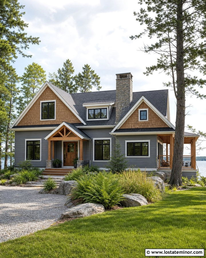 Light Grey Lake House With Cedar Shake - 30 Light Grey House Design With Cedar Shake Ideas