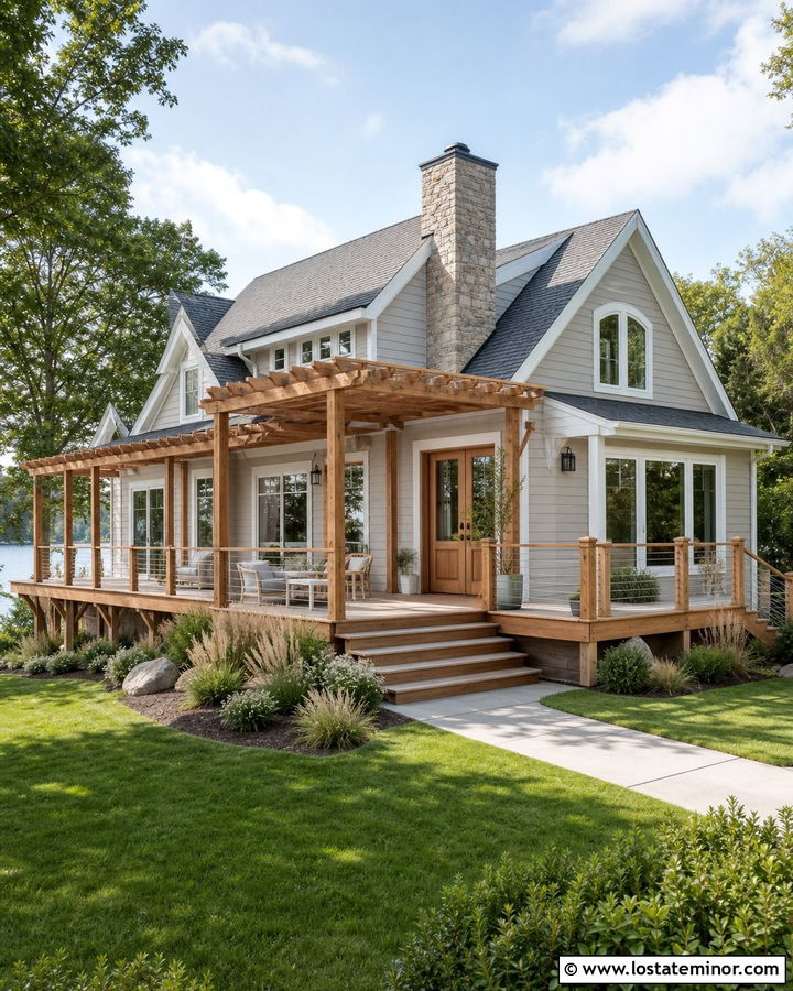 Light Grey Lake House With Deck Pergola - 30 Light Grey House Design With Pergola Ideas